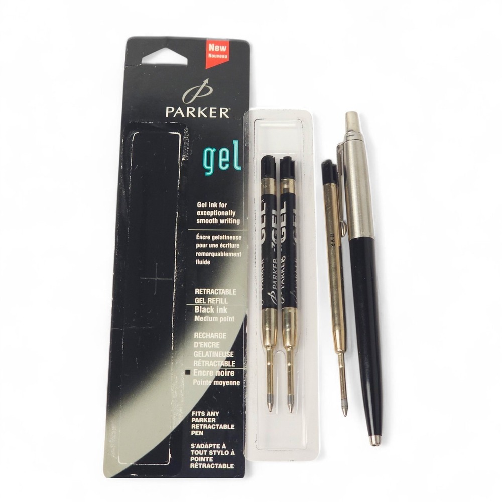 Vintage Parker Jotter Pen Made in USA Black & Silver Retractable Gel Ink Refill